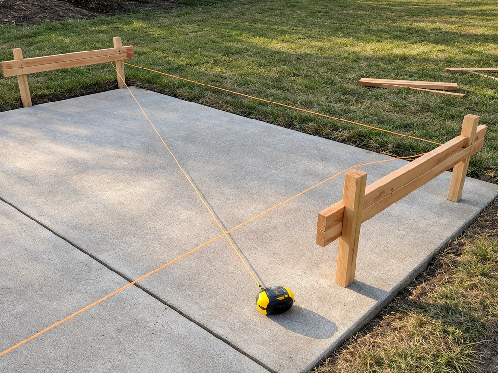Batter boards and taut string lines marking square post locations on a patio surface.