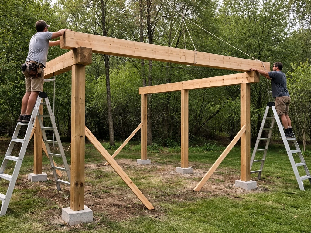 Two thick wooden top beams being lifted into place on supported gazebo posts in a clean yard.