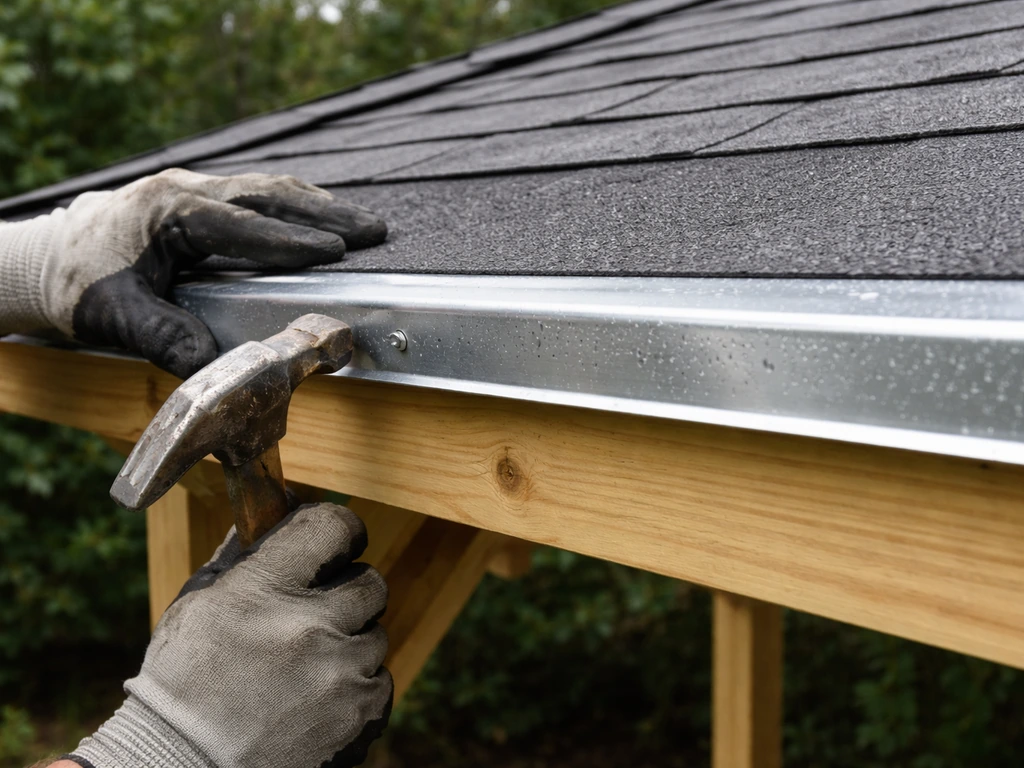 Roofer installing metal drip edge flashing along a gazebo roof edge with roofing material nearby