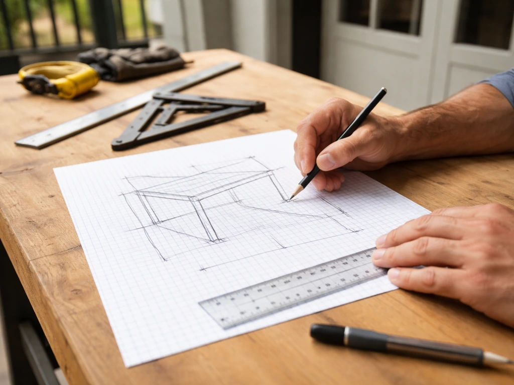 Person sketching buildable patio cover plan on graph paper with ruler and scale in a minimal DIY setup
