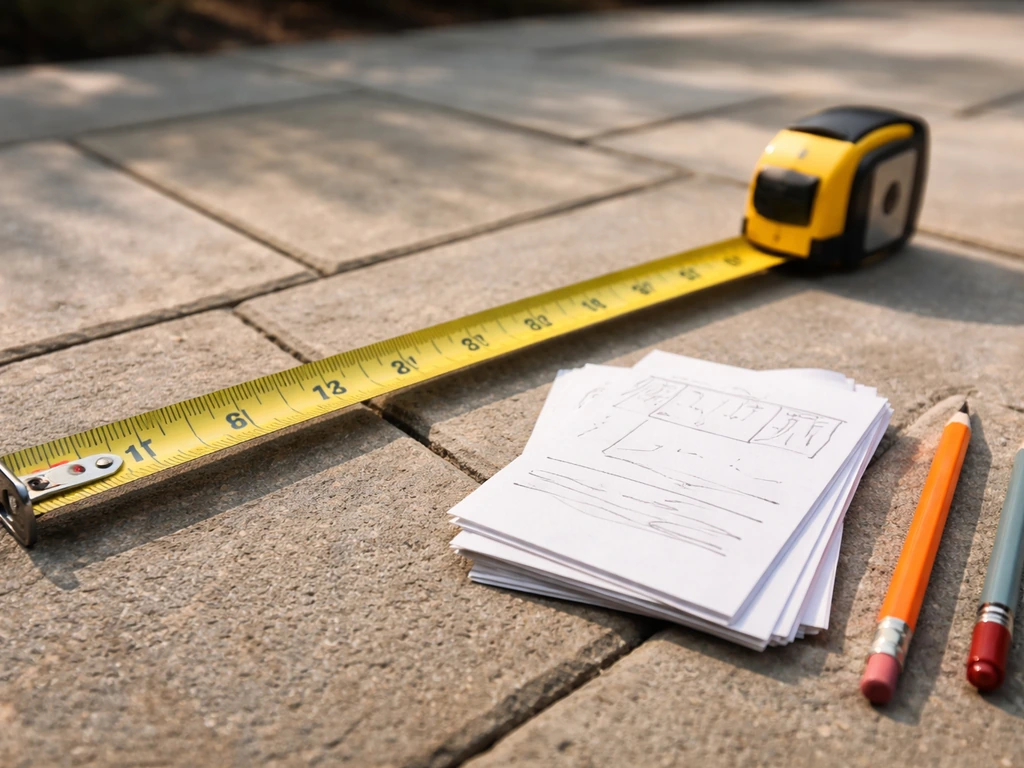 Close-up of measuring tape and handwritten field notes on a patio showing site dimensions