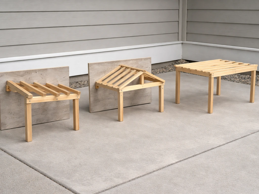 Minimal photo with small wood framing examples of lean-to, gable, and freestanding patio cover styles.