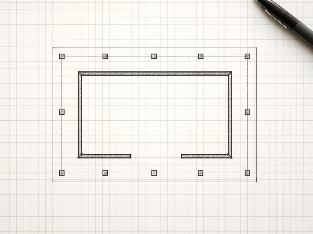 Top-down graph-paper floor plan sketch with thick house outline, outer cover perimeter, and marked post squares
