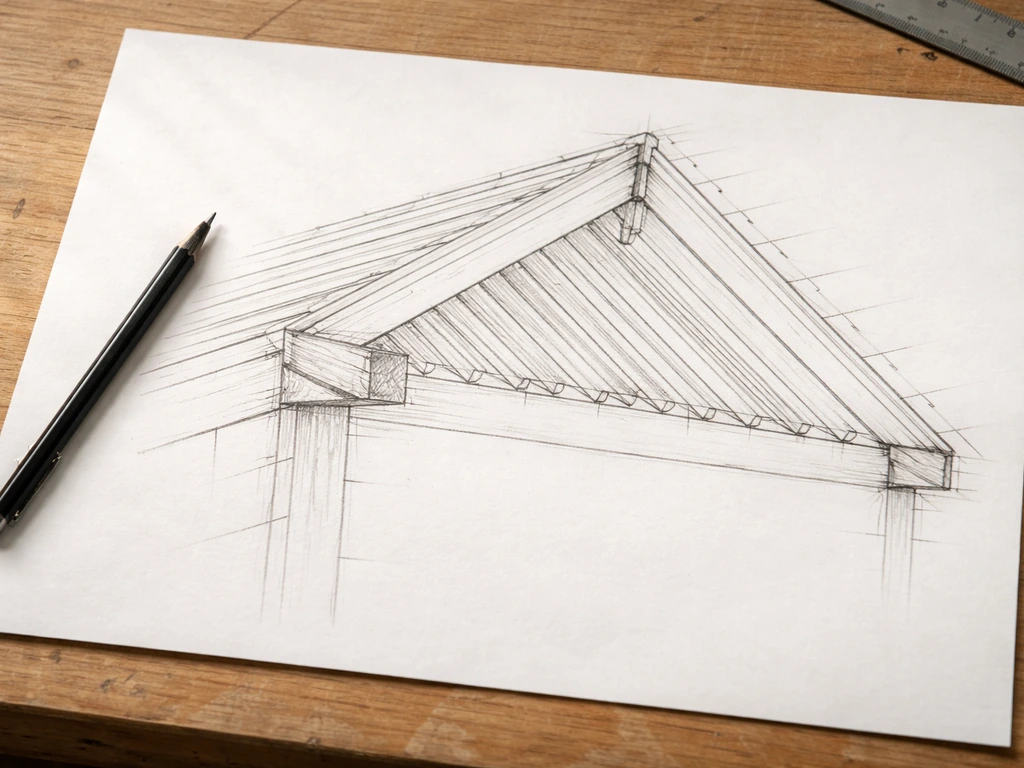 Minimal roof framing sketch on paper showing rafter and ledger lines with spacing, no text.