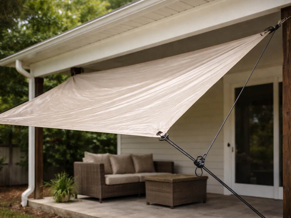 Taut, sloped patio tarp canopy with drip edge and anchored tension lines draining away water.