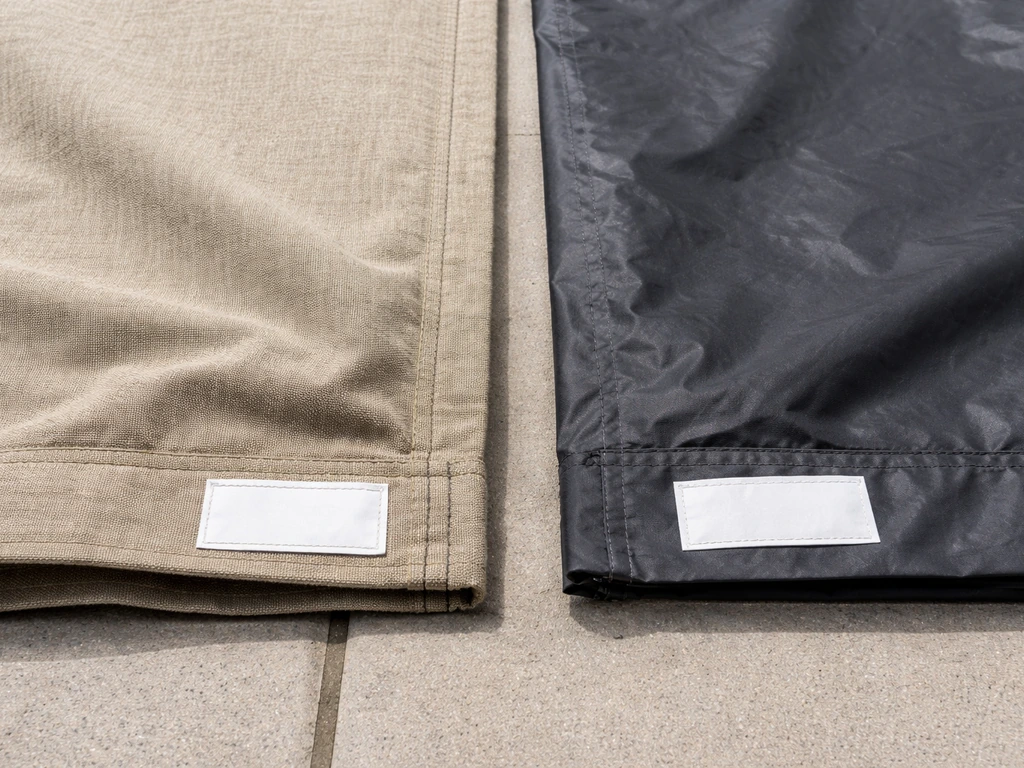 Close-up of two tarps side by side—one breathable canvas-like and one waterproof coated—plus care label cues.