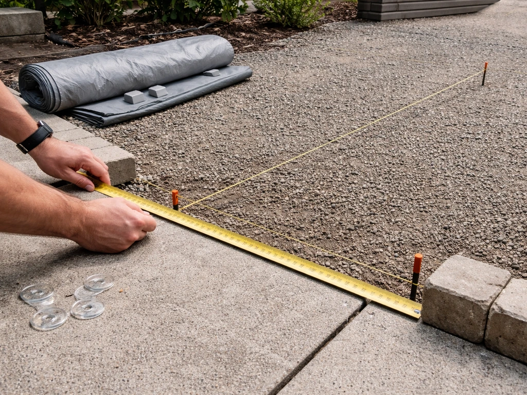 Contractor tools and a simple patio layout with a measured slope line on the ground before tarp installation.