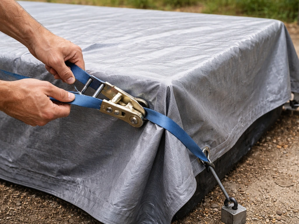 Hands tightening a ratchet strap on a taut tarp, aligned edges for drainage and no sag.