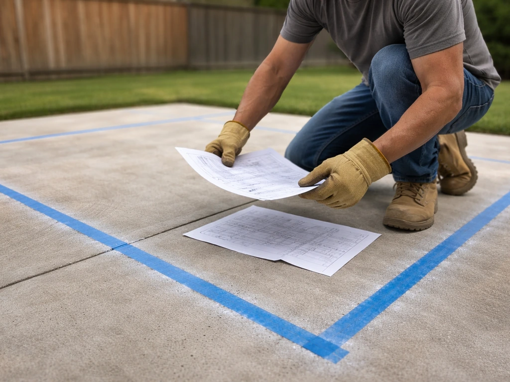 DIY homeowner kneeling and laying out a patio cover footprint with tape and chalk while reviewing site plan papers.