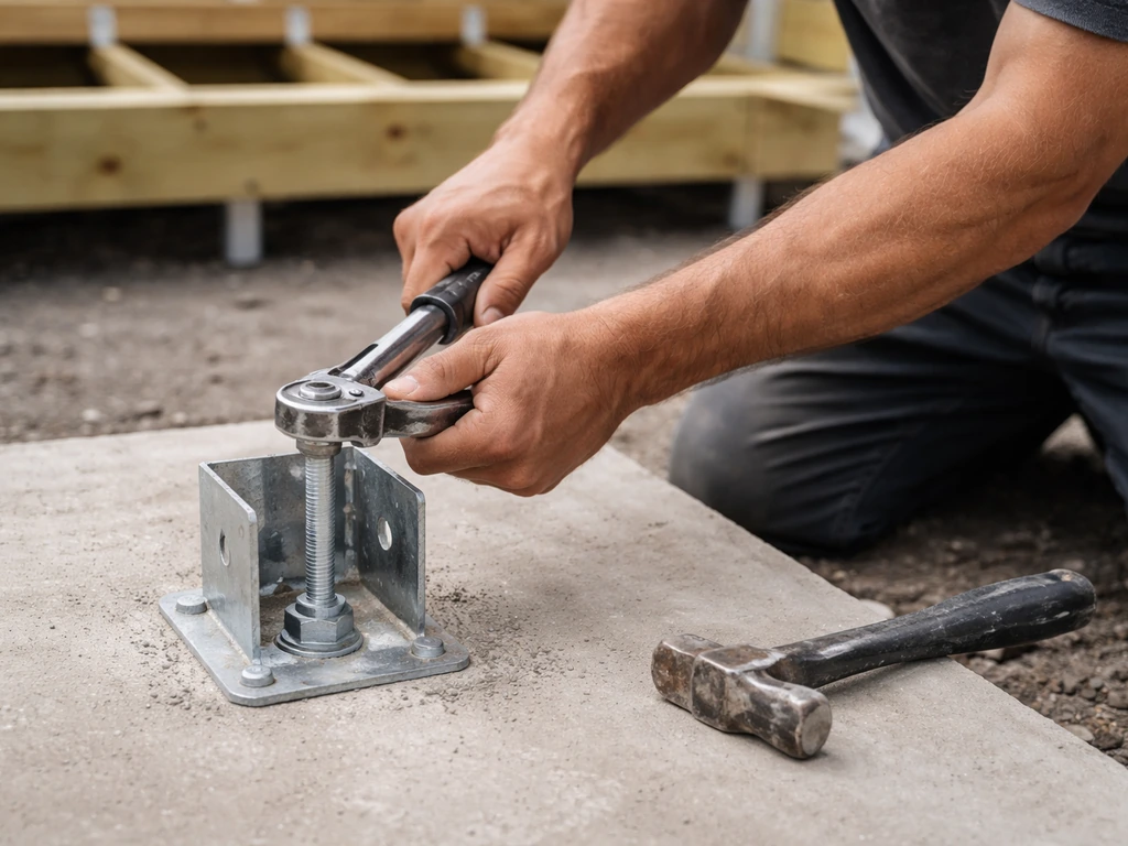 Technician torquing a wedge anchor into concrete beside a bottom post bracket for a hanging rail.