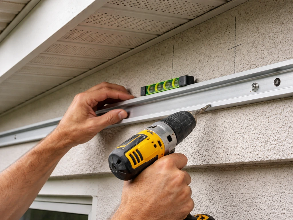Anonymous hands holding an aluminum hanging rail level on a house while drilling fasteners into it.