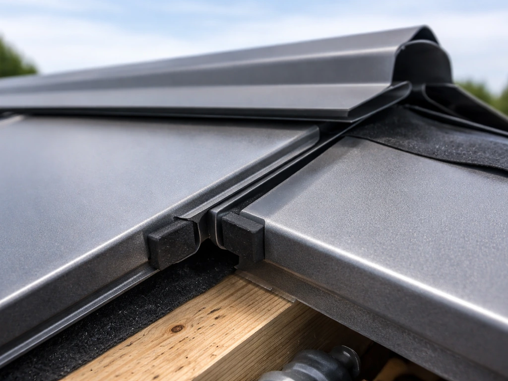 Close-up of metal roof panels locking together with end seals and flashing at the ridge.