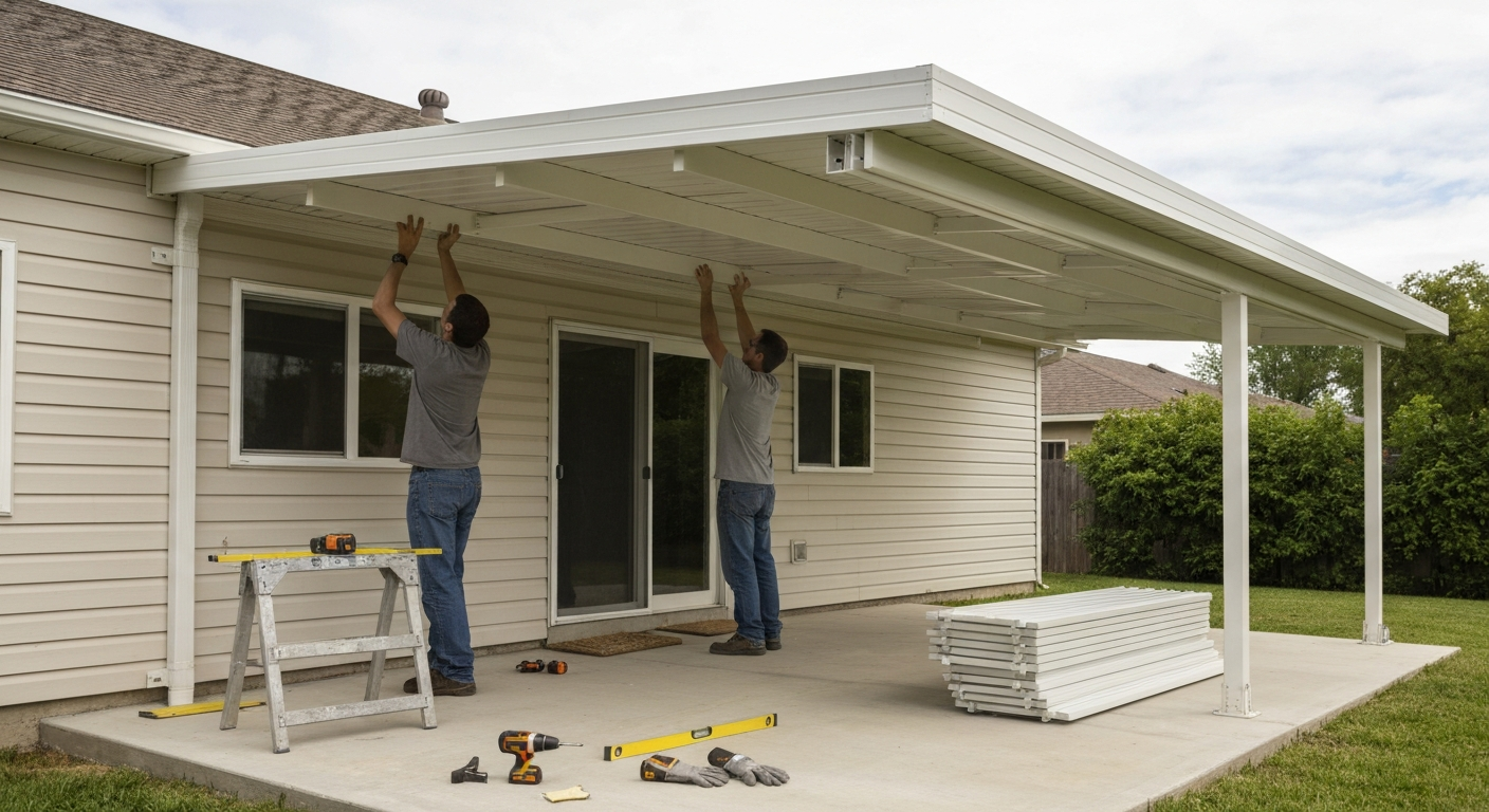 Two people installing an attached Alumawood lean-to patio cover over a 12x16 patio, showing ledger on the house, outer beam, posts, aluminum roof panels and installation tools.